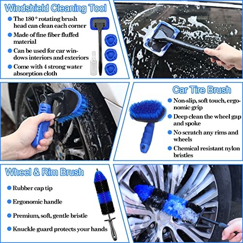 Various car cleaning tools including windshield brush, tire brush, and wheel brush with features listed.