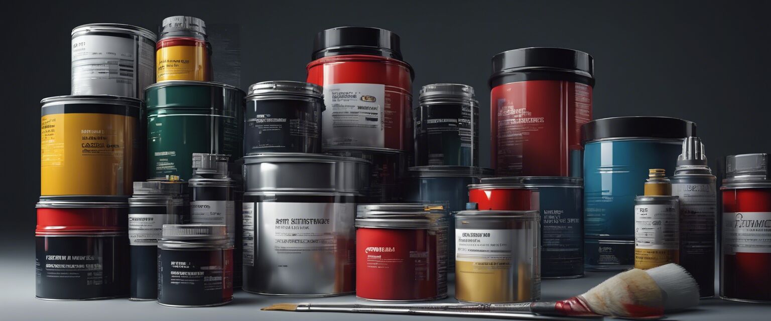 Automotive paint supplies organized on a table