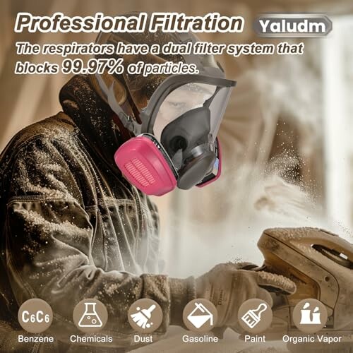 Person wearing a respirator with dual filter system for particle protection.