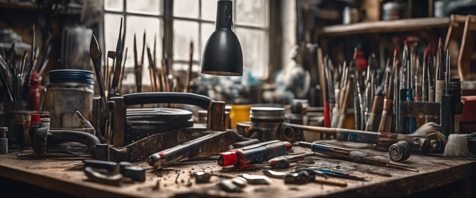 Various automotive painting tools set on a workbench