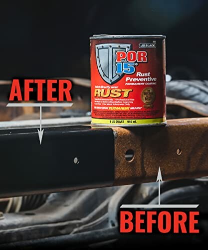 POR-15 Rust Preventive Coating can with before and after comparison on metal surface