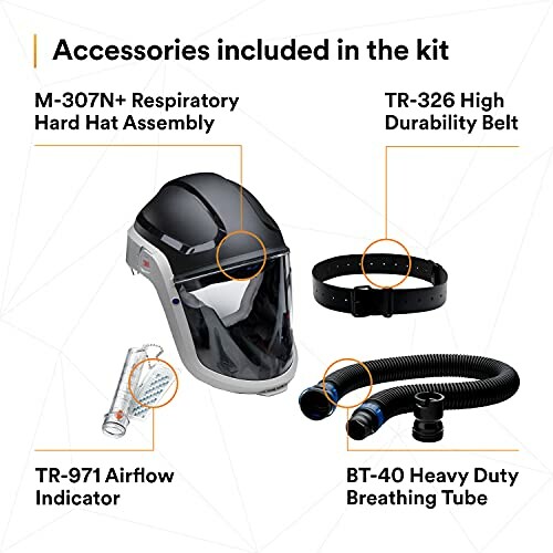 Safety gear kit with hard hat, belt, airflow indicator, and breathing tube.